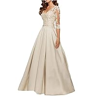 Women's V Neck Satin Prom Dress A Line Beaded Ball Gown with Sleeves