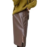 Coffee Color Retro Half Skirt Women's Mid-Length PU Leather Skirt High Waist Straight Skirt (Color : D, Size : M Code)