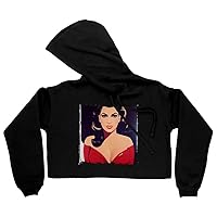 Kim Kardashian Print Women's Cropped Fleece Hoodie - Retro Cropped Hoodie for Women - Pin Up Hooded Sweatshirt - Black, L