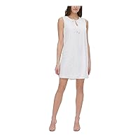 Tommy Hilfiger Womens White Textured Pleated Keyhole with Ties Sheer Lined Floral Sleeveless Crew Neck Short Shift Dress 6