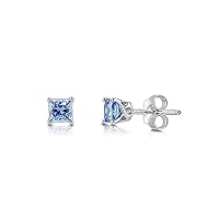 Tiny Square Stud !! Blue Cubic Zircon Gemstone Platinum Plated 925 Sterling Silver Stud Earring for Girls