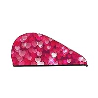 Valentine's Day Love Heart Dry Hair Cap Towel with Button Super Absorbent Quick Dry Instant Hair Dry Wrap Hair Towels for Long Thick & Curly Hair, Soft Anti Frizz Microfiber Towel for Hair