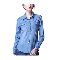 Women Blue Cotton Denim Shirts Tops Autumn Long Sleeve Blouse Turn Down Collar Ladies Blouses Plus Size