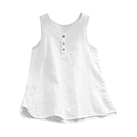 Cotton Linen Tank Tops for Women Scoop Neck Button Down Henley Shirts Summer Casual Sleeveless Loose Fit T-Shirt