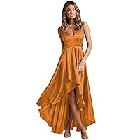 Tsbridal High-Low Homecoming Dresses for Junior Spaghetti V Neck A-line Bridesmaid Dress for Wedding with Pockets