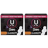 Teen Ultra Thin Feminine Pads with Wings, Overnight, Unscented, 24 Count (Pack of 2)