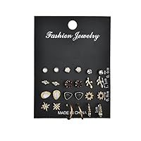 12 Pairs Vintage Small Stud Earrings Set For Women Punk Alloy Leaves Star Earrings Jewelry, M, Zinc, No Gemstone