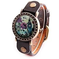 Aleafa Armlet Home Presents Fashion Leather London “Big Ben” Round Dial Analog Bracelet Watch for Girls #Aport-1188