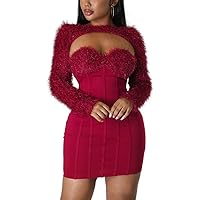 Womens 2 Piece Outfits Hollow Long Sleeve Tube Dress Evening Cocktail Bodycon Mini Dress