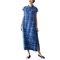 Blend Cotton Short Sleeve Printed Qipao Long Chinese Style Dress for Women Blue