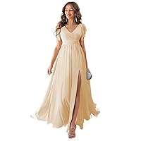 Women's Formal Dresses Long Ruffle Sleeve Chiffon V Neck Split Bridesmaid Dresses for Wedding Evening Flowy Gown
