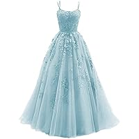 Women's Spaghetti Strap Lace Appliques Prom Dresses Tulle A Line Formal Party Evening Gowns