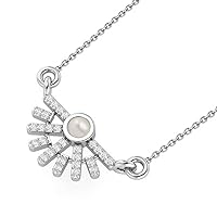 925 Sterling Silver 3mm Round Cut Pearl Rising Sun Necklace Pendant for Women with 18