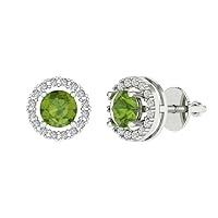 1.5ct Round Cut Halo Solitaire Natural Light Green Peridot Unisex pair of Solitaire Stud Screw Back Earrings 14k White Gold