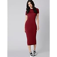 Dresses for Women Women's Dress Solid Bodycon Dress Dresses (Color : Burgundy, Size : X-Small)