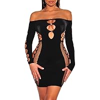 ZileZile Women's Sexy off shoulder Mesh Bodycon Hollow Out Club Mini Dress