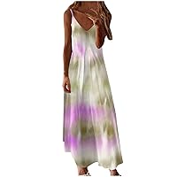 Women’s Summer Maxi Dress Spaghetti Strap Beach Sundresses Loose Casual Sleeveless V Neck Tie Dye Cami Dress