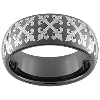 8mm Black Tungsten Carbide Dome Fleur De Lis Cross pattern Ring (full & half sizes 5-15)