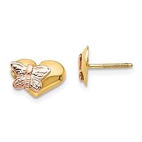 14k Yellow Gold Satin Open back Post Earrings Polished and Rhodium Butterfly Angel Wings Love Heart Screw Back Earrings Measures 6x9mm Jewelry for Women