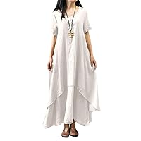 Spring Summer Women Long Cotton Linen Dress White False Two Pieces O-Neck Office Casual Loose Maxi Dresses