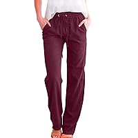 Women's Wide Leg Linen Pants Beach Boho Casual Elastic High Waist Palazzo Pant Jogger Oversized Trousers with Pocket