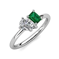 Pear Shape Moissanite & Emerald Shape Emerald 2.10 ctw Four Prong Women Toi Et Moi Engagement Ring 14K Gold