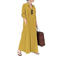 Women Long Sleeve Button Up Maxi Shirt Dress Casual Cotton Linen Long Shirtdress Loose Swing Tshirt Dress with Pocket