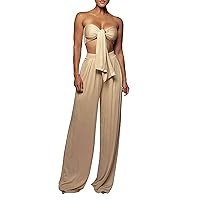 Womens Spring Dresses Casual Long,Ladies' Summer Solid Color Lace Up Tube Top Midwaist Wide Leg Pants Casual Se