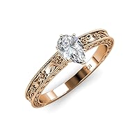 IGI Certified Pear Shape Lab Grown Diamond (VS1/F) 1.00 ct Floral Engraved Milgrain Women Solitaire Engagement Ring 14K Gold