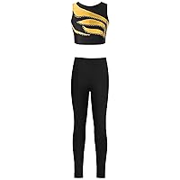 Kids Girls Shiny Rhinestone Sleeveless Crop Top with Leggings Pants Set Gym Athletic Workout Fitness Outfit