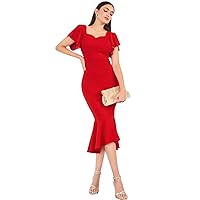 Red Dresses for Women Sweetheart Neck Butterfly Sleeve Tie Backless Mermaid Hem Bodycon Dress (Color : Red, Size : X-Large)