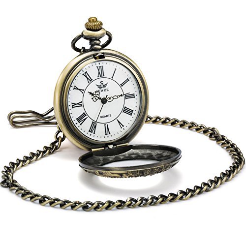 SEWOR Quartz Pocket Watch Shell Dial Magnifier Case with Two Type Chain (Leather+Metal)