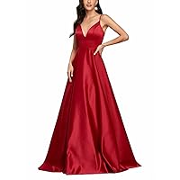 Women's Spaghetti Strap Prom Dresses Long A-Line V-Neck Satin Formal Evening Ball Gowns