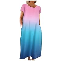 Women's Summer Dresses Short Loose Pocket Cotton Linen Dresses Casual Short Sleeve Round Neck Bohemian Printed Dresses