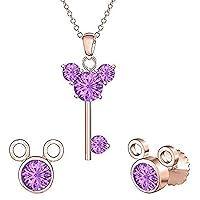 Created Round Cut Purple Amethyst Gemstone 925 Sterling Silver 14K Rose Gold Over Diamond Mickey Mouse Key Stud Earring Pendant Necklace Jewelry Set for Women's & Girl's