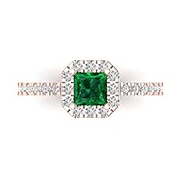 1.37ct Brilliant Princess Cut Solitaire with accent Simulated Green Emerald designer Statement Ring Solid 14k Rose Gold