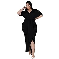 Summer Women’s V Neck Short Sleeves Floor Length Dresses Sexy Slit Flowy Casual Dress Long Bodycon Ruched Plus Size Skirts