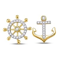 The Diamond Deal 10kt Yellow Gold Womens Round Diamond Anchor Wheel Nautical Earrings 1/10 Cttw