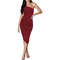 Halfword Women’s One Shoulder Ruched Dress Sexy Sleeveless Backless Bodycon Cocktail Party Midi Dresses