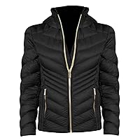 Michael Michael Kors Women's Black Chevron Double Layer Zipper 3/4 Hooded Packable Coat
