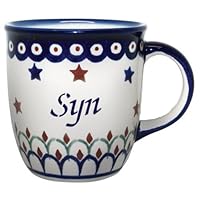 Polish Boleslawiec Pottery 12oz Mug - word SYN on one side, word SON on the other, Gift from Poland