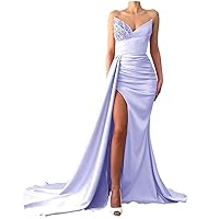 Strapless Satin Prom Dresses for Women Sequin Beaded Mermaid Ball Gown Long with Slit