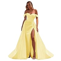 Satin Off The Shoulder Prom Dresses Mermaid Ruched Split Ball Gowns for Women Formal Dress Long