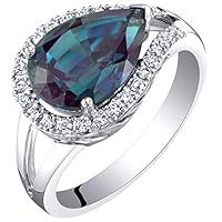 PEORA 4.02 Carats Created Alexandrite and Lab Grown Diamond Ring 14K White Gold, Color-Changing Pear Shape