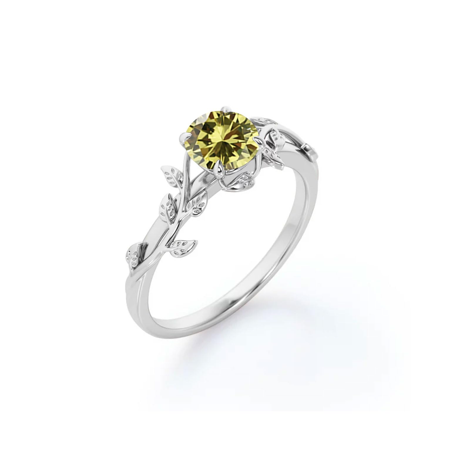 MRENITE Silver/10K/14K/18K Gold Leaf Design Vine Gemstone Ring for Women 1 Carat Twig Art Deco Round Birthstone Statement Ring Jewelry Gift for Her