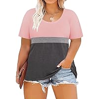 RITERA Plus Size Tops for Women Short Sleeve Shirts Color Block Crewneck Tshirt Casual Summer Tees Tunic Blouse Pink Grey 4XL 26W
