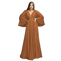 Rjer Chiffon Long Sleeve Prom Dresses for Women V Neck Pleated Maxi Dress A-line Formal Evening Party Gown