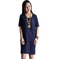 Women's Demure Textured Linen Long Sleeves Shift Dress