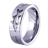 Men's 8mm Silver Tungsten Ring with Engraved Fishhook Walleye Fish Fishing Ring Hunting Ring - FREE Custom Engraving