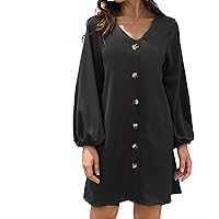 Women's Casual Solid Color T-Shirt Dresses Long Sleeve Tunic Loose Swing Dress Summer Button Down V Neck Mini Dress
